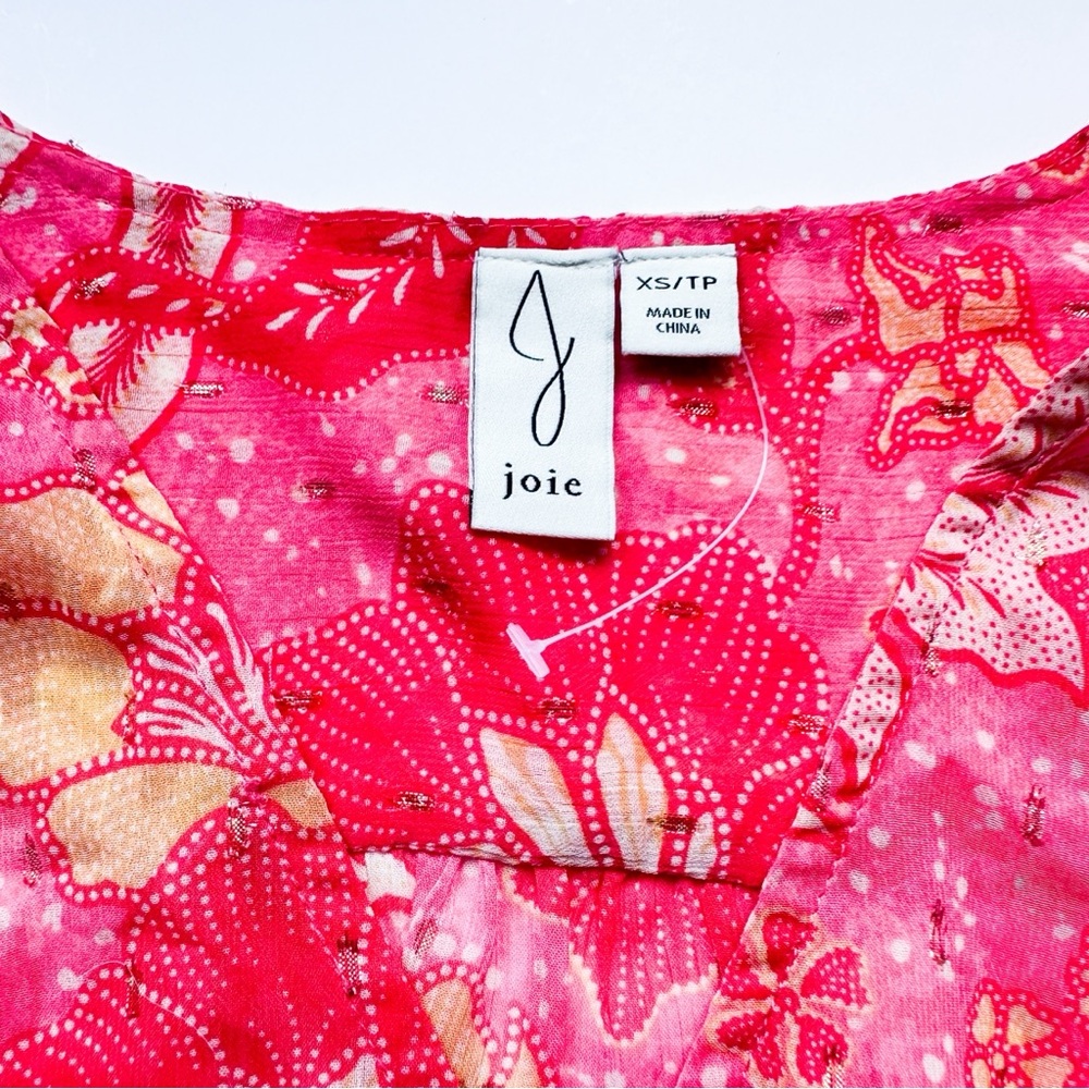 5/$50 Joie Chiffon Pink Floral Button-Up Peasant Top V-Neck Short Sleeve Blouse